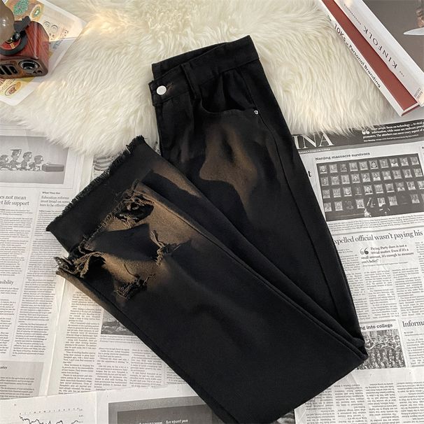 Men's Trendy Ripped Frayed Jeans Loose Straight Leg High Street Style American Retro Washed Denim Slightly Flared_mkmklike.com