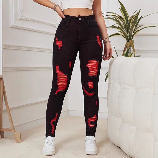Women's Black High Waist Skinny Jeans With Ripped Details - Slim Fit Stretchy Denim Pants For Casual & Office Wear_mkmklike.com