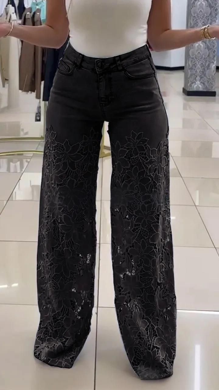 Women's High Waist Flared Lace Trim Denim Pants - Breathable Summer Wide Leg Trousers With Elegant Hollow-Out Design_mkmklike.com