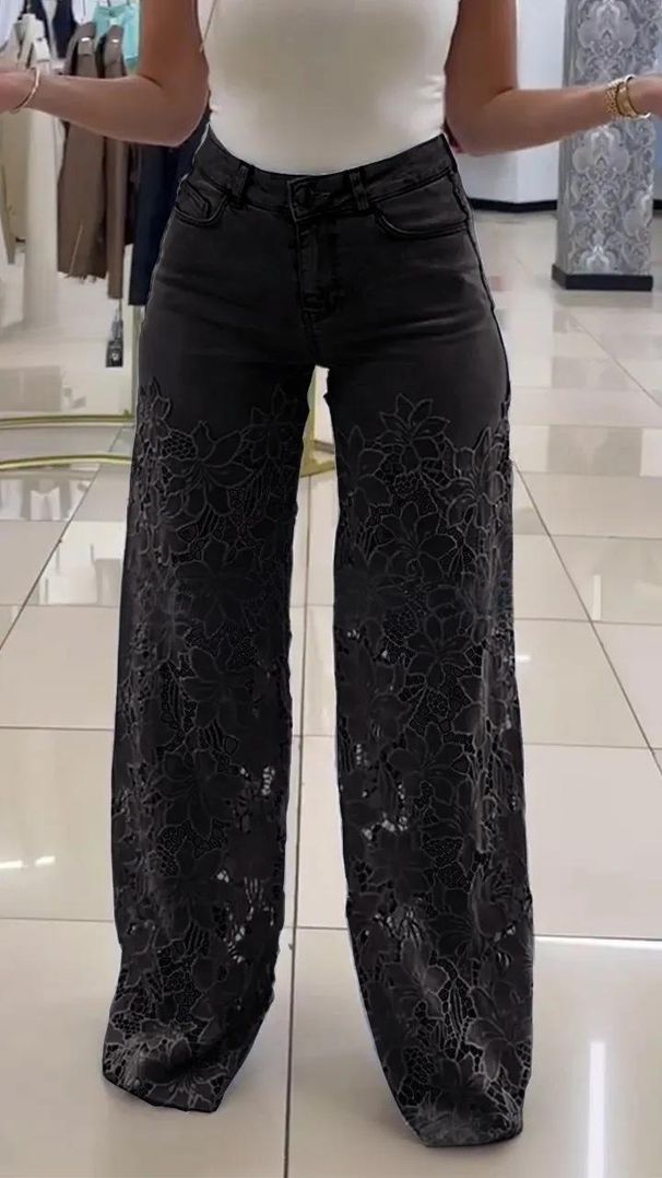 Women's High Waist Flared Lace Trim Denim Pants - Breathable Summer Wide Leg Trousers With Elegant Hollow-Out Design_mkmklike.com