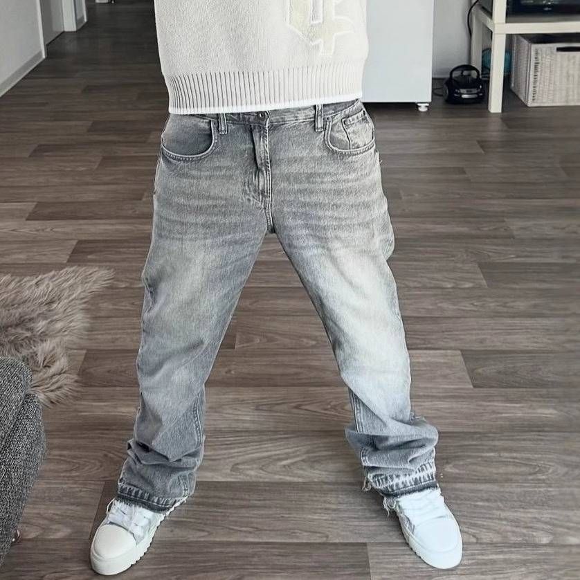 Vintage Washed Distressed Jeans For Men & Women - High Street American Style With Embroidery & Raw Hem, Relaxed Wide-Leg Fit For Casual Streetwear_mkmklike.com