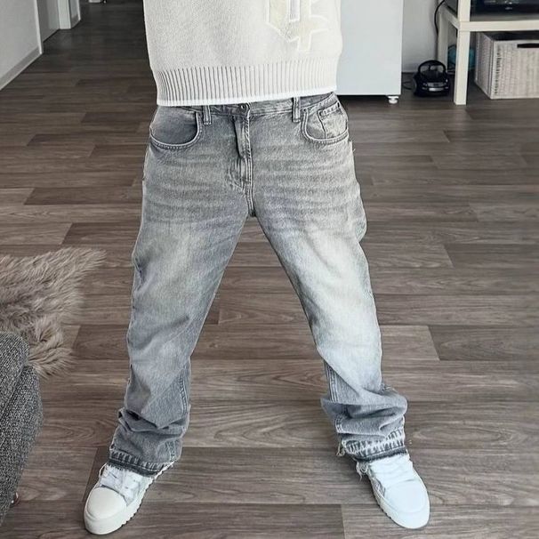 Vintage Washed Distressed Jeans For Men & Women - High Street American Style With Embroidery & Raw Hem, Relaxed Wide-Leg Fit For Casual Streetwear_mkmklike.com