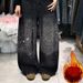 Plus Size Vintage Distressed Rhinestone Jeans For Women – Oversized Wide-Leg High-Waisted Denim Pants With Embellishments (Streetwear Style)_mkmklike.com