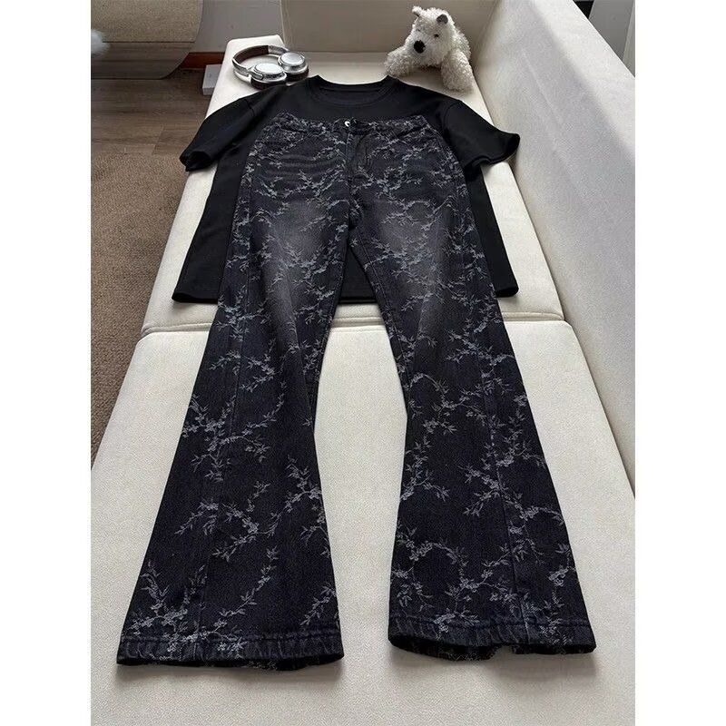 High-street Washed Distressed Jeans, Vibe Jacquard Jeans For Men, High-waisted, With A Raised Crotch To Make Legs Look Longer, Curved Flare Jeans._mkmklike.com