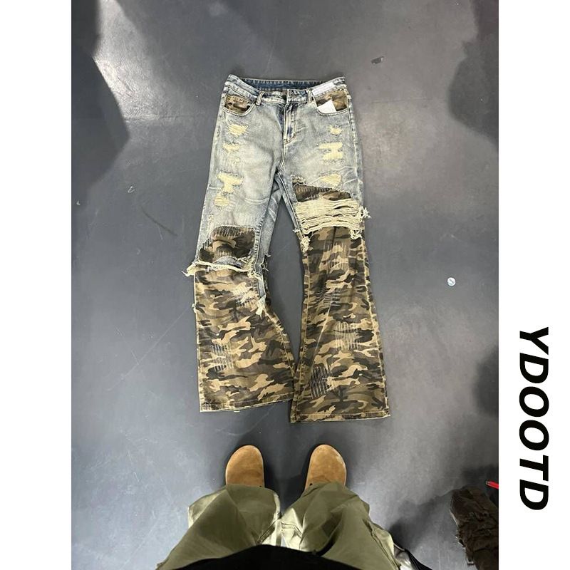Men's American Retro Camouflage Patchwork Jeans – Fake Two-Piece Design, Cleanfit Straight Leg Pants With Distressed Detailing_mkmklike.com