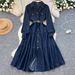 Elegant High-Waisted Denim Dress For Women - Fall A-Line Midi Dress With Belt & Polo Collar_mkmklike.com