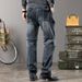 Spring And Autumn Style Patchwork Jeans For Men, Loose Elastic Wide Leg Straight Leg Denim Pants, Outdoor Multi Pocket Sports Pants_mkmklike.com