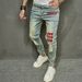 New Autumn Men's Jeans Casual Perforated Letter Slim Fit Small Foot Elastic Pants_mkmklike.com