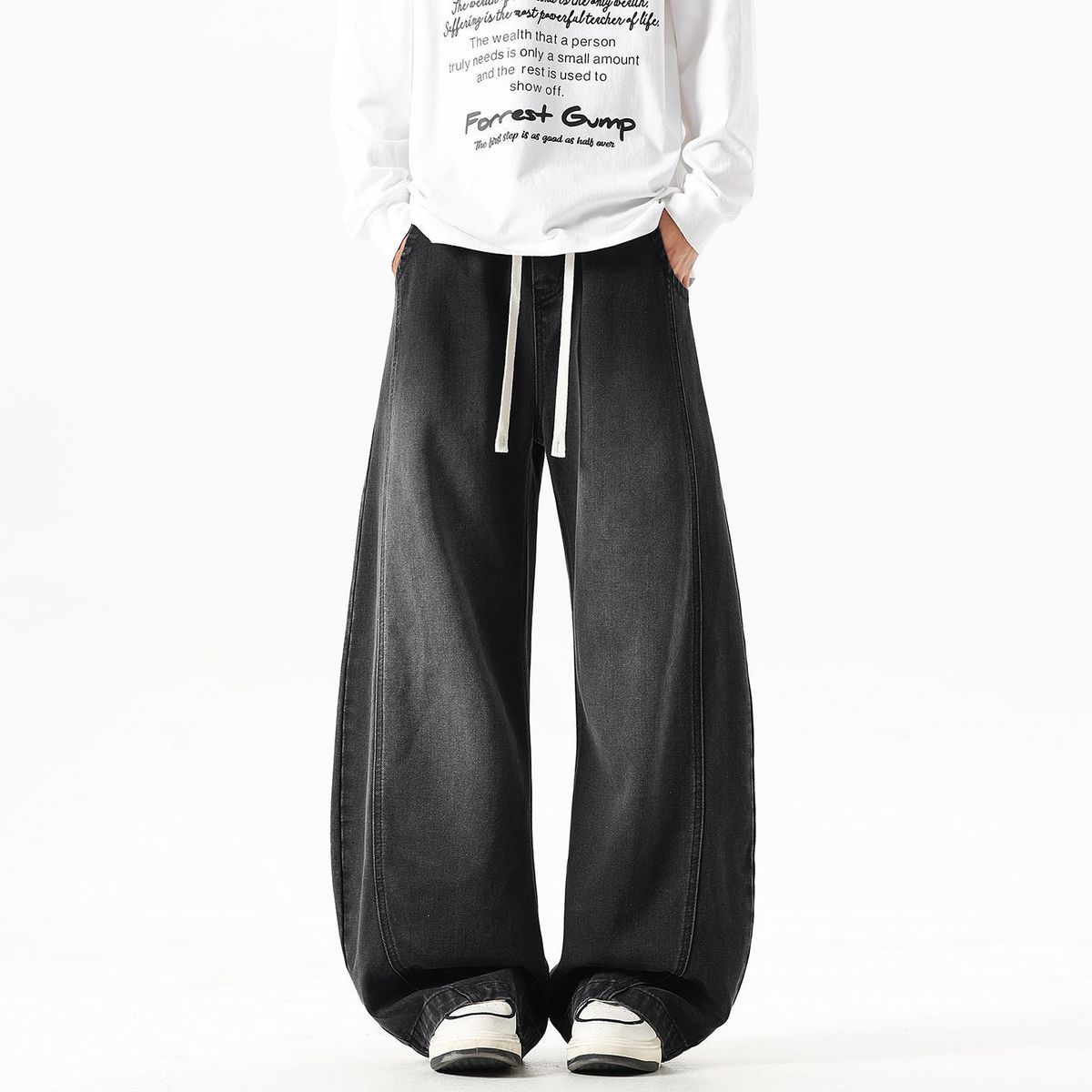 Unisex Vintage Washed Denim Pants – Elastic Drawstring Waist, Wide Leg & Slight Flare (S-3XL) – 90s Hip Hop Street Style_mkmklike.com