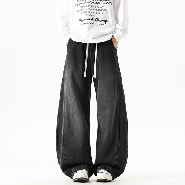 Unisex Vintage Washed Denim Pants – Elastic Drawstring Waist, Wide Leg & Slight Flare (S-3XL) – 90s Hip Hop Street Style_mkmklike.com
