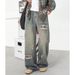 Men's Clothing Ripped Plaid Washed Jeans Spring New Style Trendy Trousers Loose Straight Casual Trousers_mkmklike.com