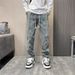 Men's Casual Washed Blue Jeans With Elastic Waist & Straight Leg - Comfortable Retro Style Loose Fit Trousers For Everyday Wear_mkmklike.com