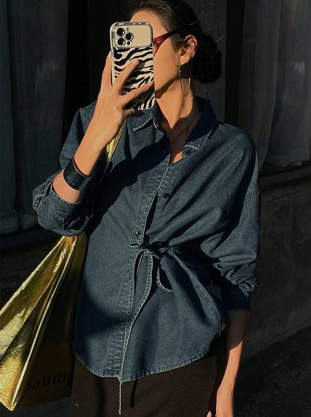 Women's Front Tie Button Down Denim Shirt Jacket Long Sleeve Casual Loose Fit Tunic Top_mkmklike.com