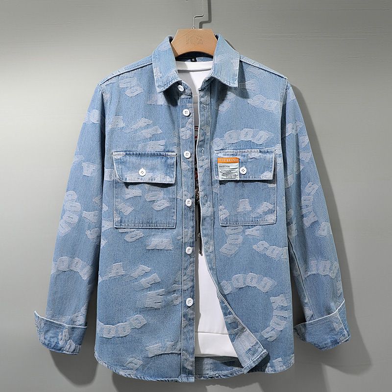 2024New retro color woven jacquard shirt jacket, men's loose casual personalized style long sleeved denim shirt_mkmklike.com