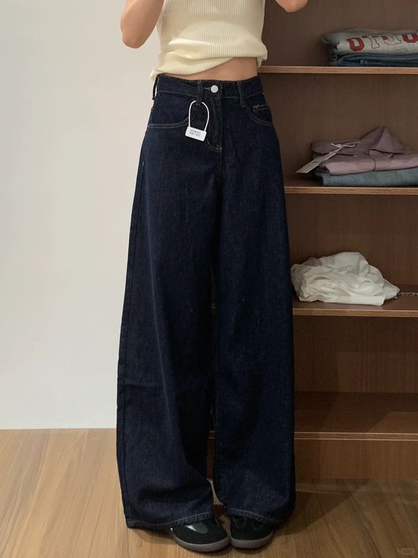 Men's Clothing Retro Dark Blue Wide Leg Jeans Versatile Casual High Waist Niche Design Straight Long Pants_mkmklike.com
