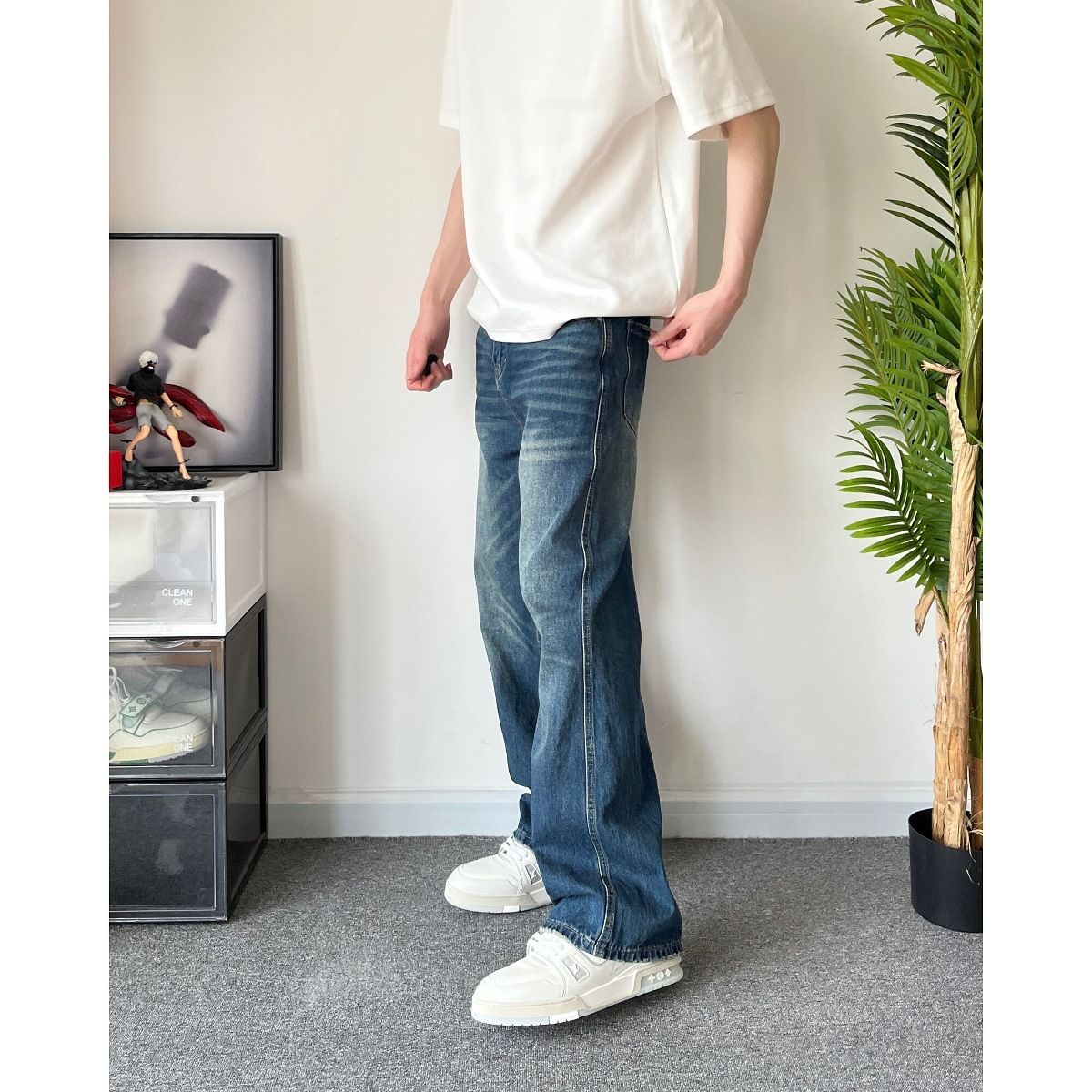 Men's Clothing Original New Dark Blue Washed Cleanfit Loose Straight Versatile Jeans_mkmklike.com