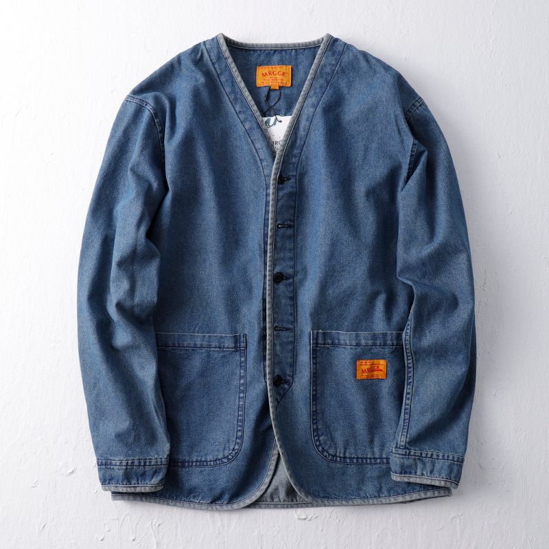 Vintage Washed Denim Jacket Men's Casual Oversized Open Front Coat With Patch Pockets_mkmklike.com