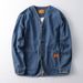 Vintage Washed Denim Jacket Men's Casual Oversized Open Front Coat With Patch Pockets_mkmklike.com