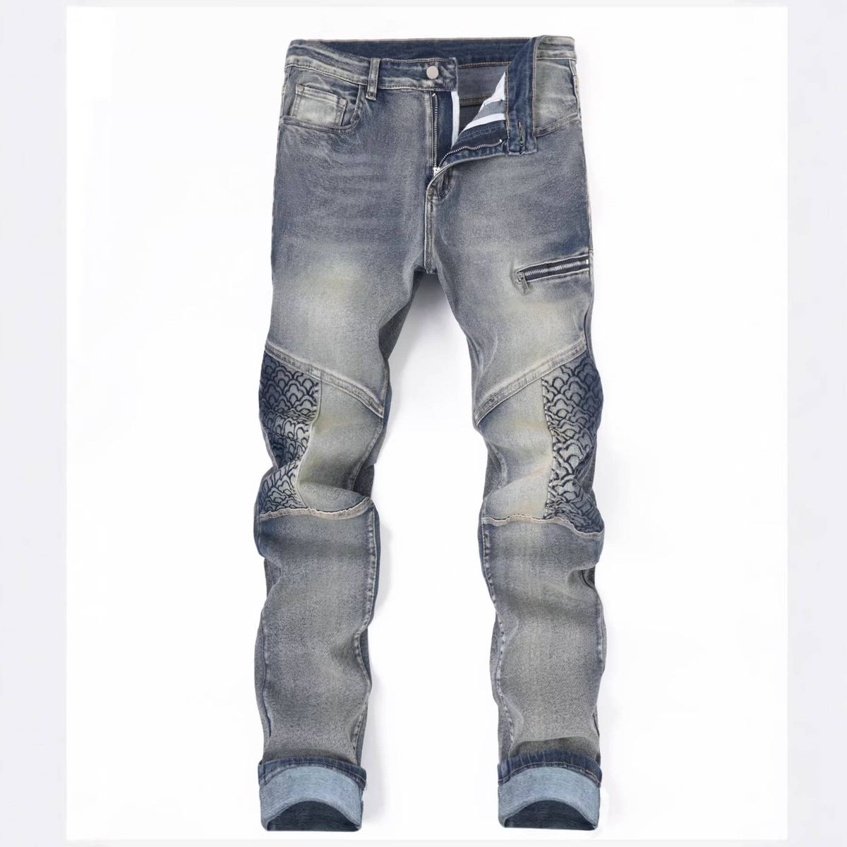 Men's Slim Fit Stretchy Jeans Casual Stylish Embroidered Multi Crafted Blue Trousers_mkmklike.com