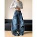 Men's Clothing Men's Loose Fit Washed Denim Jeans With Multi-Pockets & Embroidered Lettering - High Waist Straight Leg Streetwear Pants_mkmklike.com