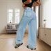Women's Clothing Fashion Wide Leg Jeans Fashionable Snow-Washed Wide-Leg Jeans With Bow Detail – High Waist, Comfort Fit, Classic Blue For Women_mkmklike.com