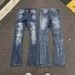 Unisex Vintage Blue Flared Jeans, Vertical Fade & Frayed Scratches, Biker Stacked, Breathable Summer_mkmklike.com