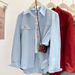 Oversized Denim Shirt Women Casual Long Sleeve Polo Collar Blouse, Flyaway Sleeves, Breathable Cotton Top For Work & Weekend (Blue/White/Red)_mkmklike.com