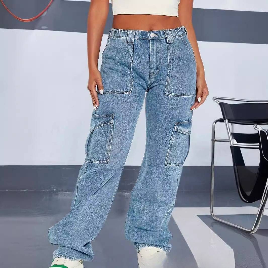 Women’s Clothing large size denim stretch overalls fat girl straight multi pocket pants_mkmklike.com