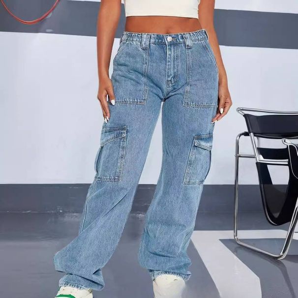 Women’s Clothing large size denim stretch overalls fat girl straight multi pocket pants_mkmklike.com