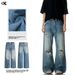 Men's Clothing Blue Straight Ripped Jeans Vintage Washed Blue Straight Leg Distressed Jeans For Men & Women - Relaxed Fit, Stacked Hem, Wide Leg_mkmklike.com