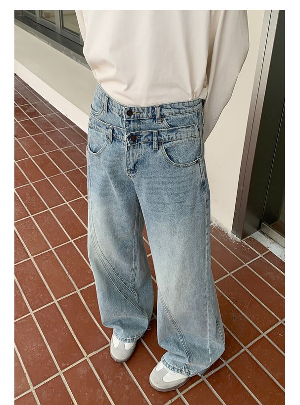 Double-Waist Vintage Washed Jeans – Relaxed Straight-Leg Denim Pants For Men, High Street Casual With Retro Distressing_mkmklike.com