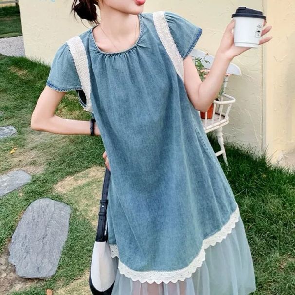 Lace Patchwork Denim Dress For Women, Medium To Long, 2025 Summer New Style, French Loose Design, Mesh Skirt_mkmklike.com