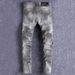 Men's Clothing High Street Fashion Retro Men's Jeans Distressed Gray Washed Ripped Patches Slightly Stretch Slim Fit Skinny Jeans Men's Trendy_mkmklike.com
