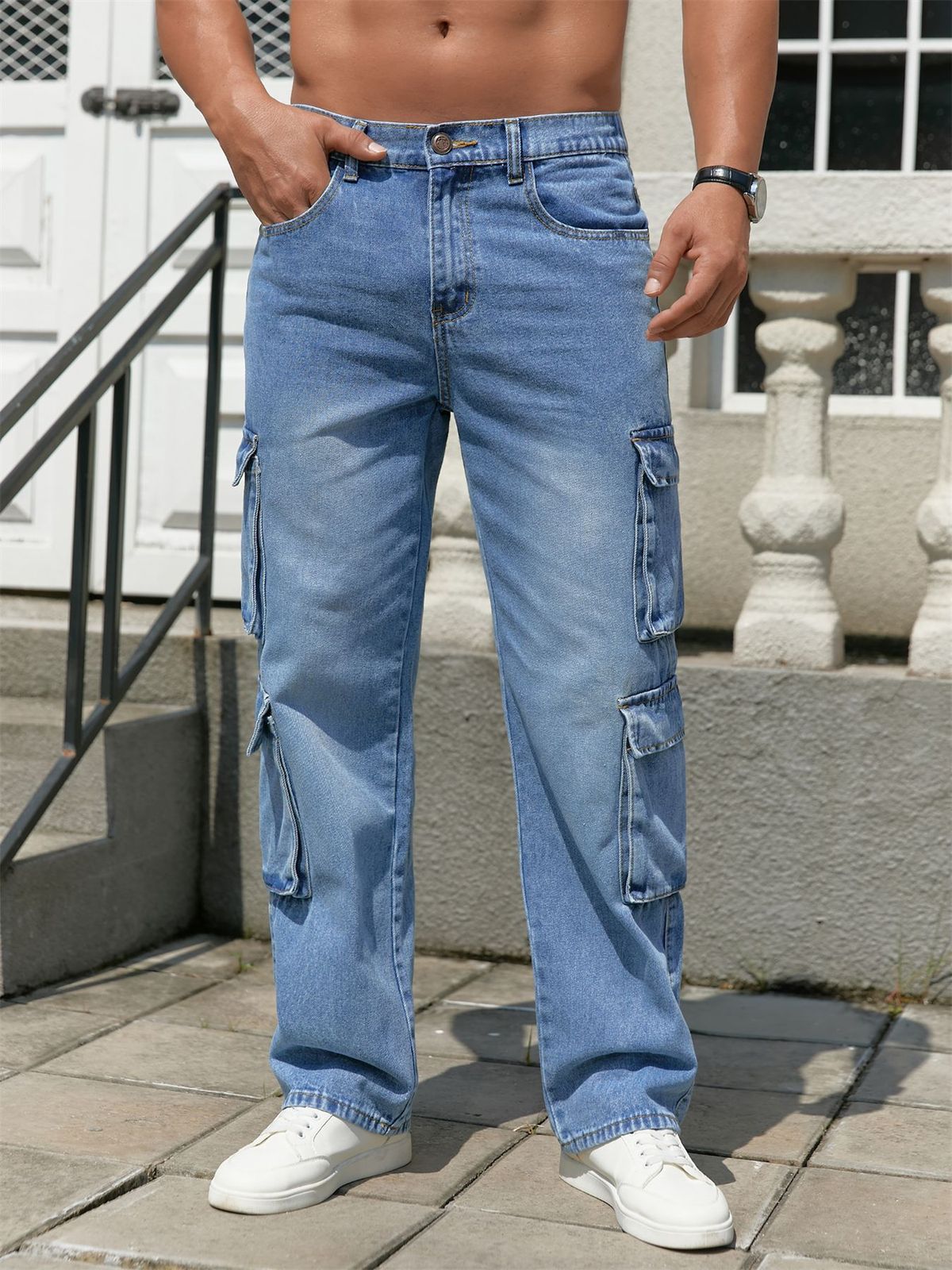 Men's Relaxed Fit Wide Leg Jeans - Trendy Distressed Denim Pants For Casual Wear (Blue Wash, High Waist, Multi-Pocket, Cotton Blend)_mkmklike.com