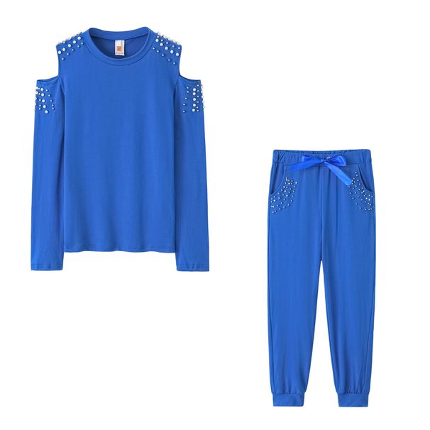 Women's Clothing Autumn Set Sexy Beaded Solid Color Round Neck Long Sleeve Set_mkmklike.com