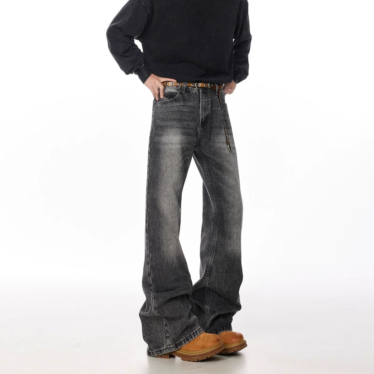 Men's Fashion Washed Smoke Grey Jeans - Vintage Straight & Slight Flare Denim Pants With Trendy Curve Hem_mkmklike.com