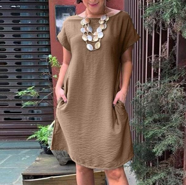 Women's Clothing new round neck bat short sleeve pocket dress _mkmklike.com