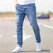 Women's Clothing Men's New Simple Hole Commuter Denim Trousers Slim Fit Slim Feet Trendy Handsome Jeans_mkmklike.com