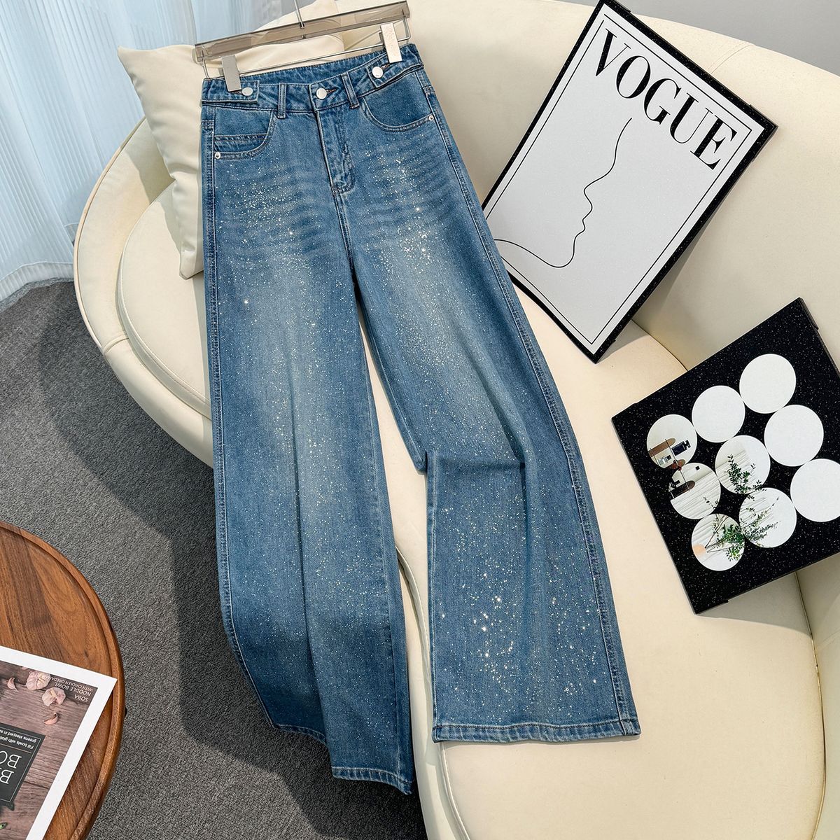 Women's Blue Rhinestone Wide Leg Jeans Fashionable Loose Casual Straight Leg Pants with Sparkling Rhinestones Spring 2026 New Style_mkmklike.com