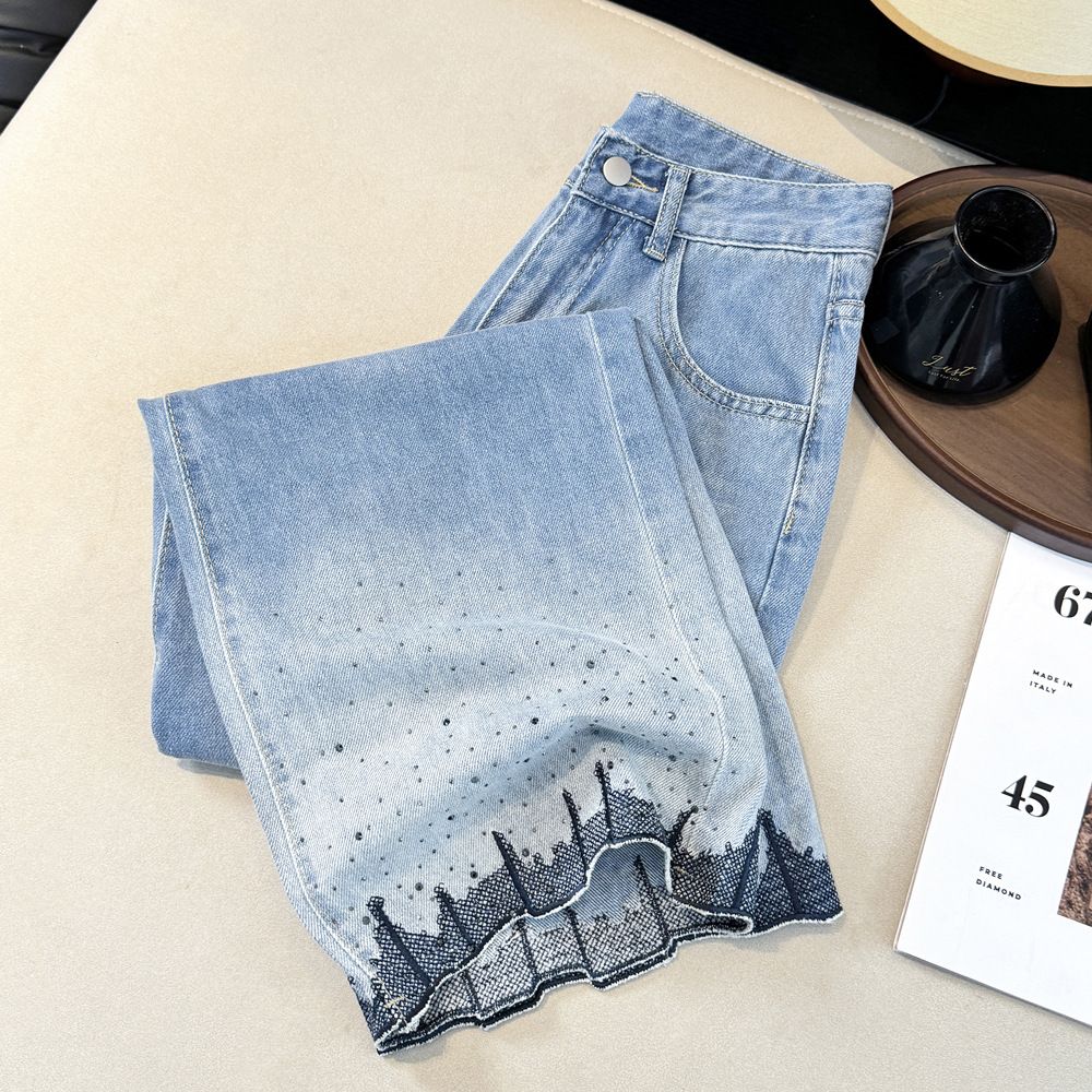 Women's High Waist Straight Leg Cropped Jeans With Gradient Blue Embroidery & Rhinestone Detail, Relaxed Fit, Summer Casual Trousers_mkmklike.com