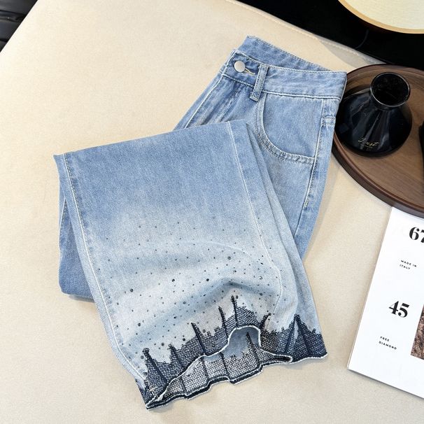 Women's High Waist Straight Leg Cropped Jeans With Gradient Blue Embroidery & Rhinestone Detail, Relaxed Fit, Summer Casual Trousers_mkmklike.com
