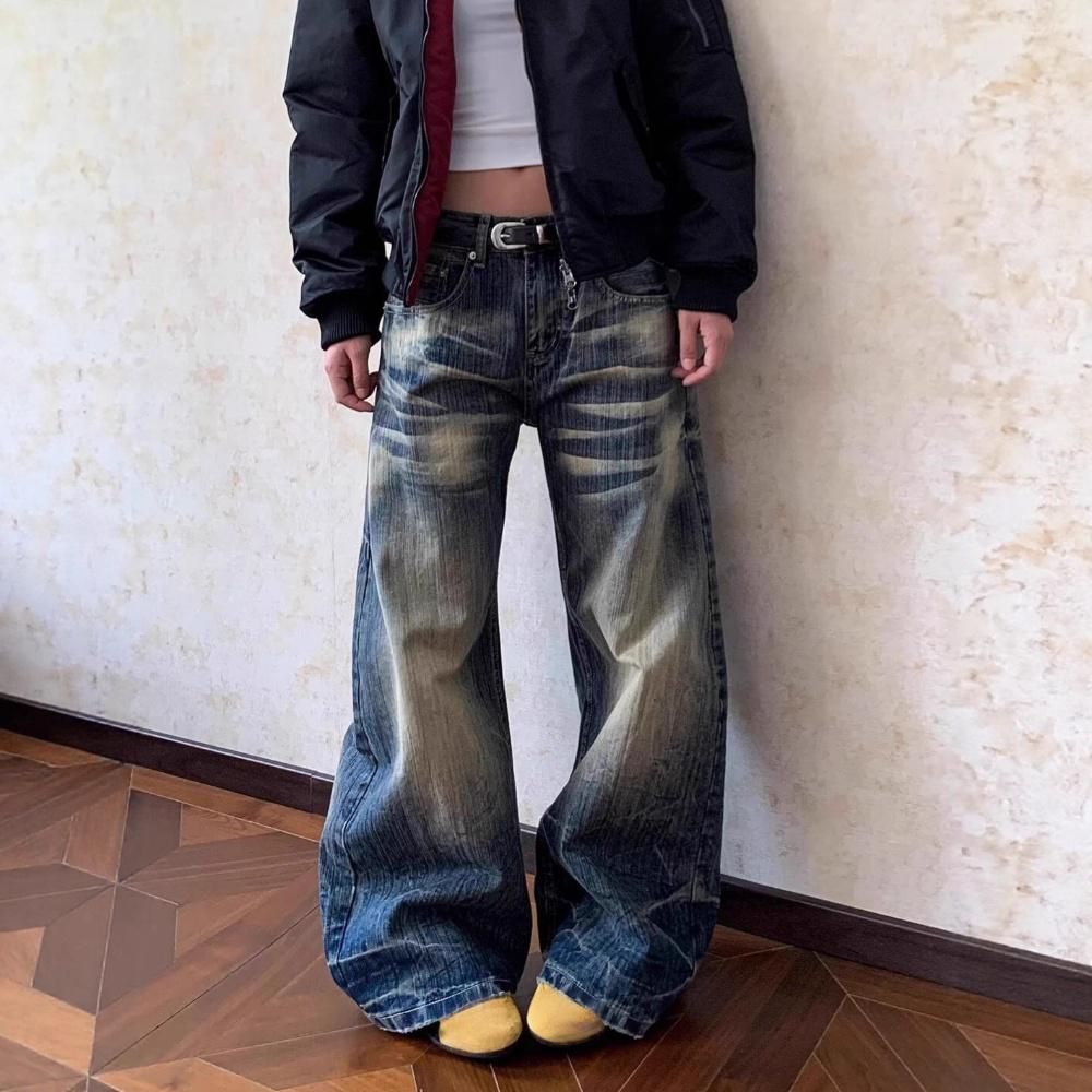 Men's Clothing Men's Vintage Washed Loose Straight Leg Jeans - Distressed Denim Pants With Bamboo Knot Texture For Casual Wear (Blue, S-3XL)_mkmklike.com