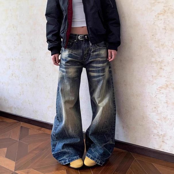 Men's Clothing Men's Vintage Washed Loose Straight Leg Jeans - Distressed Denim Pants With Bamboo Knot Texture For Casual Wear (Blue, S-3XL)_mkmklike.com