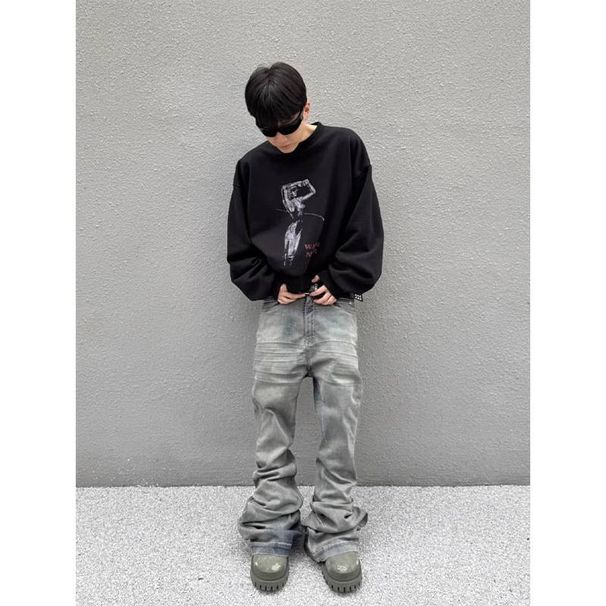 Vintage Washed Blue Flared Jeans – Boho Ro Style Distressed Wide-Leg Denim Pants With Stacked Hem & Cat Whiskers For Men & Women_mkmklike.com