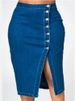 Sexy Button Down Split Denim Midi Skirt For Women, High Waist Bodycon Pencil Jean Skirt, Casual Streetwear Blue Denim Skirt For Party Daily_mkmklike.com