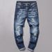 Men's Slim Fit Distressed Jeans – Patchwork Blue Washed Skinny Denim Pants (Sizes 28-38, Korean Street Style, Stretch Comfort)_mkmklike.com