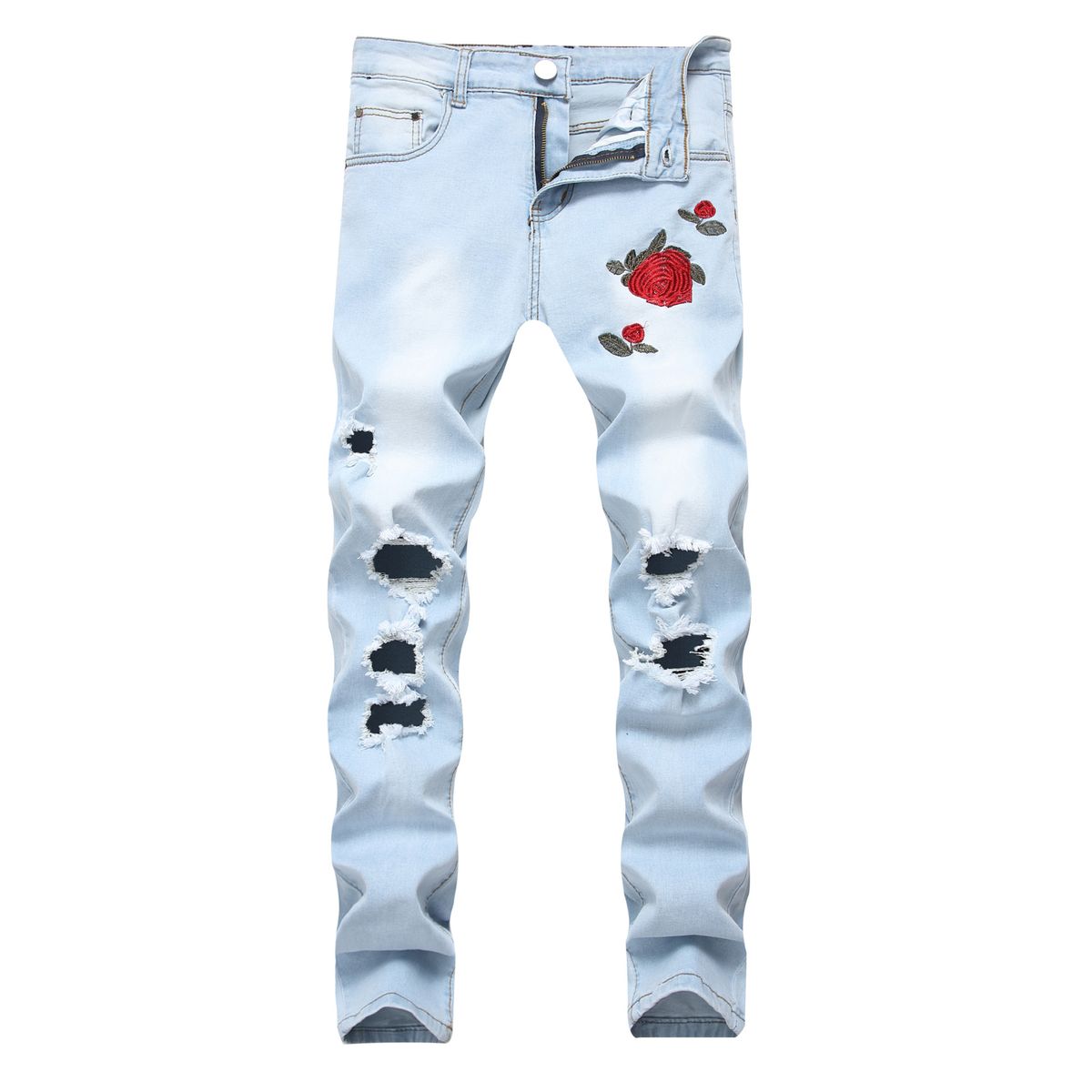 Men's Clothing New Men's Embroidered Rose Denim Ripped Light Blue Pants Slim Stretch Trousers_mkmklike.com