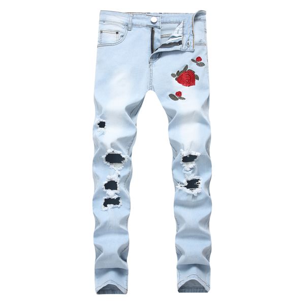 Men's Clothing New Men's Embroidered Rose Denim Ripped Light Blue Pants Slim Stretch Trousers_mkmklike.com