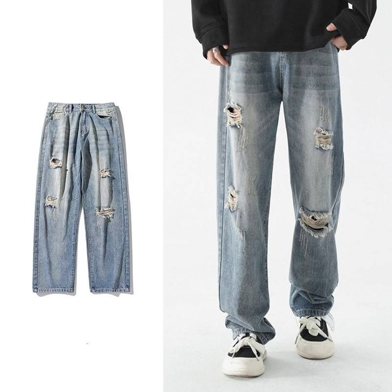 Men's & Women's Cleanfit Stonewash Destroyed Jeans 2025 - Relaxed Straight Leg, Low Rise, Turquoise Blue Denim (XS-XXL)_mkmklike.com