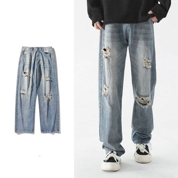 Men's & Women's Cleanfit Stonewash Destroyed Jeans 2025 - Relaxed Straight Leg, Low Rise, Turquoise Blue Denim (XS-XXL)_mkmklike.com